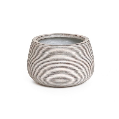 LuxenHome 11" Dia Round Concrete Planter Indoor Outdoor Large Plant Pot Handmade Rustic Distressed Ribbed Flower Pot for Home Garden Patio Off-White