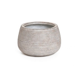 LuxenHome 11" Dia Round Concrete Planter Indoor Outdoor Large Plant Pot Handmade Rustic Distressed Ribbed Flower Pot for Home Garden Patio Off-White - 1 of 4