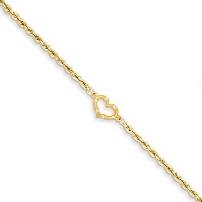 Black Bow Jewelry 14k Yellow Gold Rope with Heart Anklet, 10 Inch