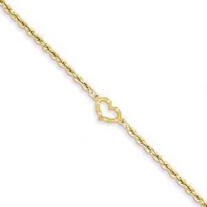 Black Bow Jewelry 14k Yellow Gold Rope with Heart Anklet, 10 Inch - 1 of 4