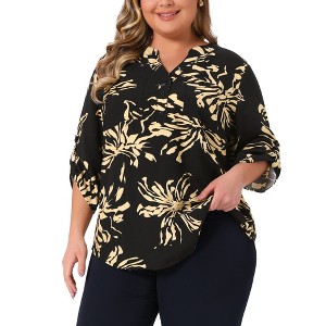 Women's Plus Size Floral Button Notch V Neck Rolled 3/4 Sleeve Casual Tunic Blouses with Pockets - Agnes Orinda - 1 of 4