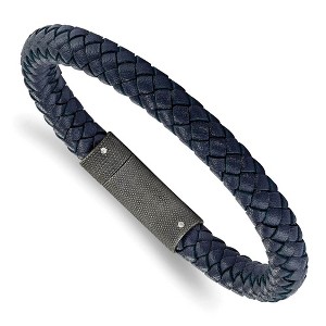 Black Bow Jewelry 7.8mm Stainless Steel & Blue Leather Braided Bracelet, 8.5 Inch - 1 of 2