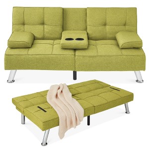 Best Choice Products Modern Linen Convertible Futon Sofa Bed w/ Removable Armrests, Metal Legs, Cupholders - 1 of 4