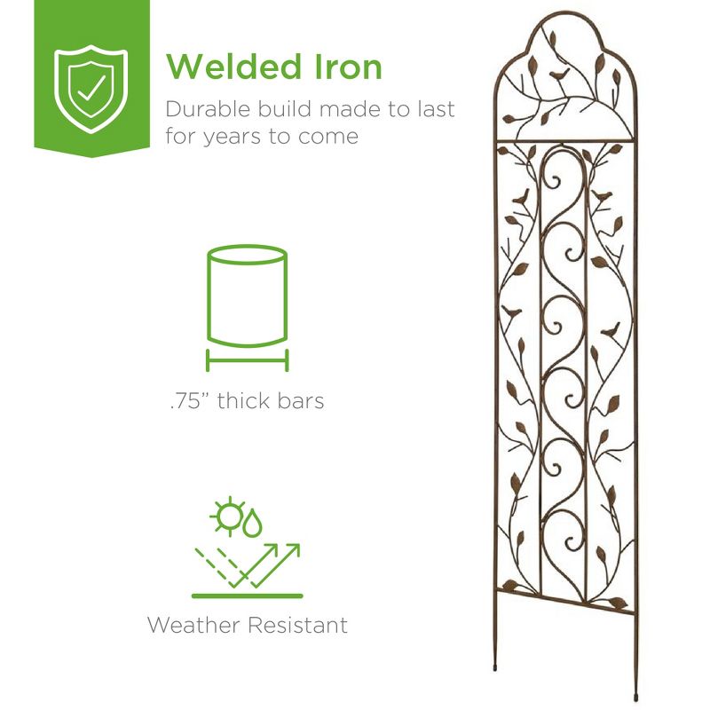 Best Choice Products Set of 2 60x15in Iron Arched Garden Trellis Fence Panel w/ Branches, Birds for Climbing Plants, 4 of 9