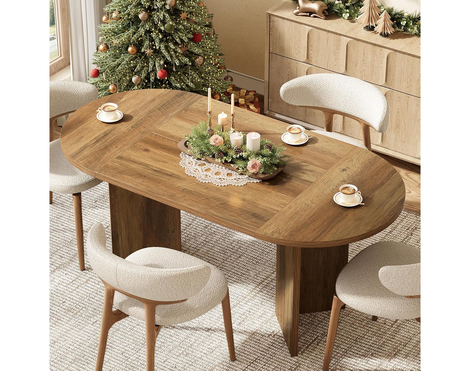 Lantine 63" Oval Dining Table for 4-6, Sturdy MDF Farmhouse Kitchen Table with Metal Strip Base, for Living Room, Office, Restaurant