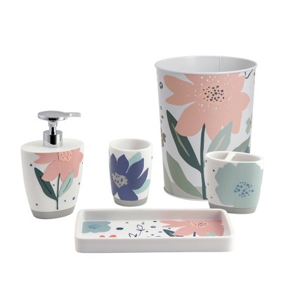 White Floral Metal Wastebasket for Kids' Bathroom