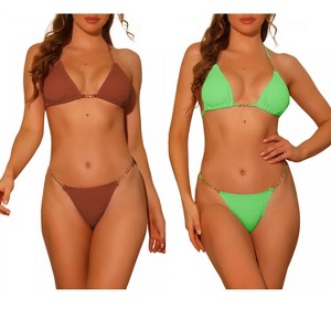 Elerevyo Women's Chain Halter Ribbed Lace Up Tie Back Triangle Bottoms Swimwear Bathing Suits 2 Sets - 1 of 4