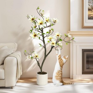 Artificial Magnolia Tree, Faux Flower Plant In Pot with Realistic Leaves & Flowers, Fake Real Touch Blooming Floral Plant For Home Office Decor - 1 of 4