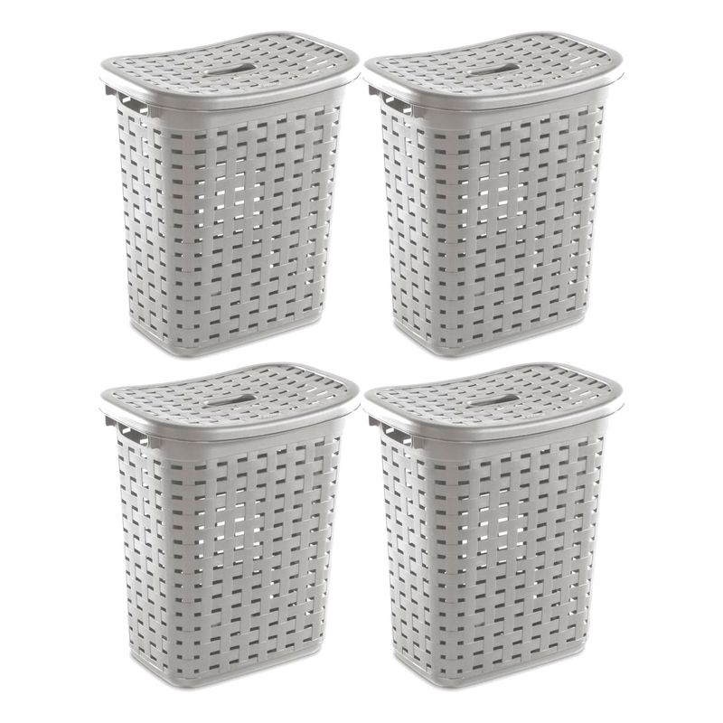 Sterilite Plastic Wicker Style Weave Laundry Hamper, Portable Slim Clothes Storage Basket Bin with Lid and Handles, Cement Gray, 4-Pack, 1 of 7