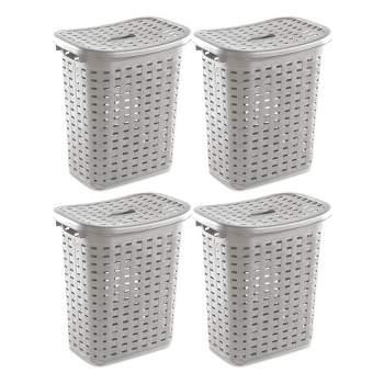 Sterilite Plastic Wicker Style Weave Laundry Hamper, Portable Slim Clothes Storage Basket Bin with Lid and Handles, Cement Gray, 4-Pack