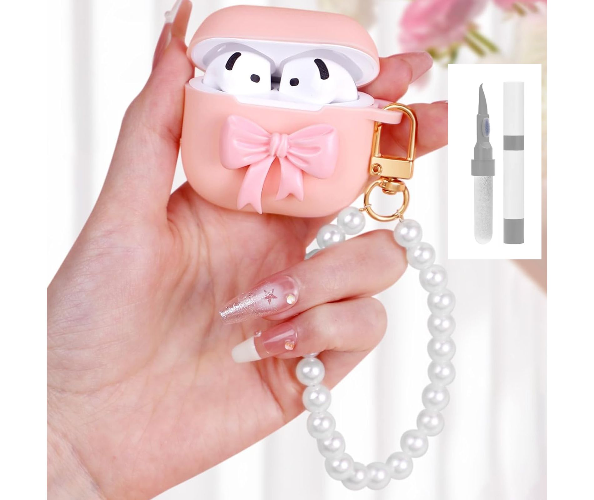 HTUTWOO Girlish Stylish Cover Shell Girls Cute Kawaii - With Keychain  For Airpod Case 4th Generation 2024, Bow
