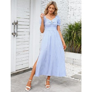 Women's Summer Dress Boho Smocked Square Neck Puff Short Sleeve Elastic Plaid Ruffle Midi Beach Dress - 1 of 4