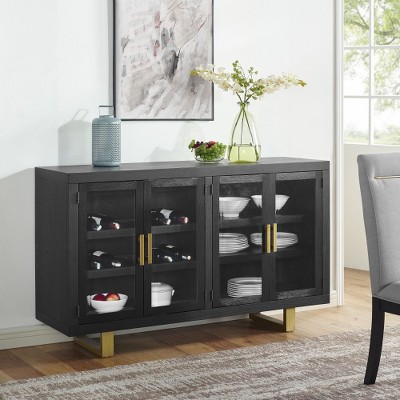 Modern Black Cabinet with Brushed Brass Accents  4 Glass Doors, Bottle Storage & Gold Sled Base