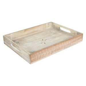 Mela Artisans Rustic Wooden Serving Tray with Handles Decorative Mango Wood Serving Tray in White Finish - 1 of 4