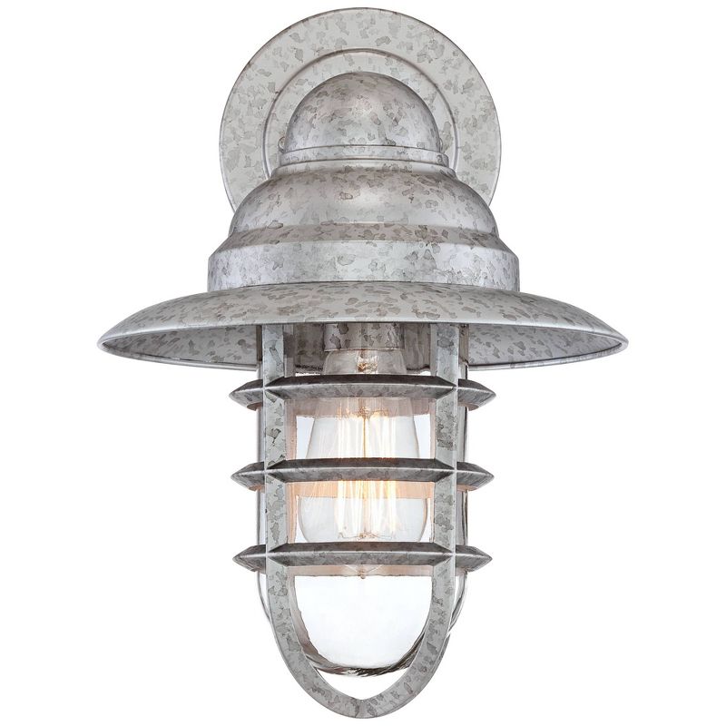 John Timberland Marlowe 13 1/4" High Farmhouse Rustic Hooded Cage Outdoor Wall Light Fixture Mount Porch House Set of 2 Galvanized Clear Glass Shade, 5 of 10