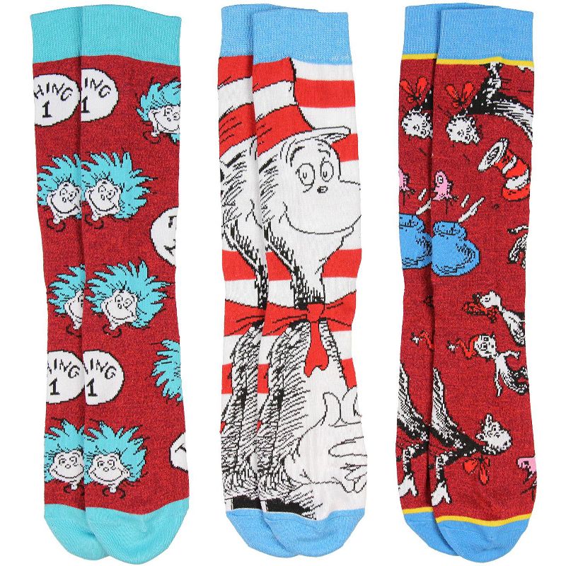 Dr. Seuss Socks Adult Cat In The Hat Thing 1 Thing 2 3 Pack Mid-Calf Crew Socks Multicoloured, 2 of 6