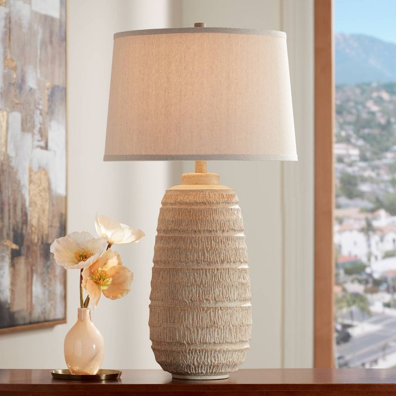 360 Lighting Maya 31" Tall Large Farmhouse Rustic Modern End Table Lamp Beige Faux Wood Finish Single Oatmeal Fabric Shade Living Room Bedroom Bedside, 2 of 9