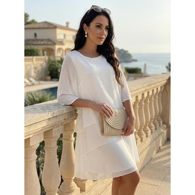 Женские платья INSPIRE CHIC Women's Round Neck Semi Sheer 3/4 Bell Sleeve Asymmetrical Layered Tiered Midi Dress Whites Medium — фото 3