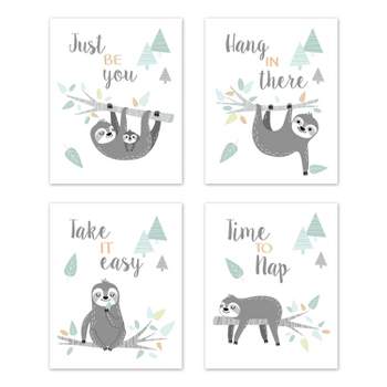 Sweet Jojo Designs Boy or Girl Gender Neutral Unisex Unframed Wall Art Prints for Décor Sloth Blue Grey and White 4pc