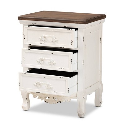 Levron Antique White and Walnut Brown 3-Drawer Solid Wood Nightstand