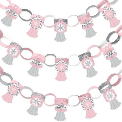 Big Dot of Happiness Pink Winter Wonderland - 90 Chain Links & 30 Paper Tassels Kit - Snowflake Birthday Party Baby Shower Paper Chains Garland- 21 ft