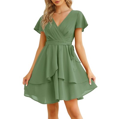 Clearlove Womens Skater Dresses V Neck Short Sleeve Tie Waist Solid Ruffle Boho Flowy Swing Mini Dress