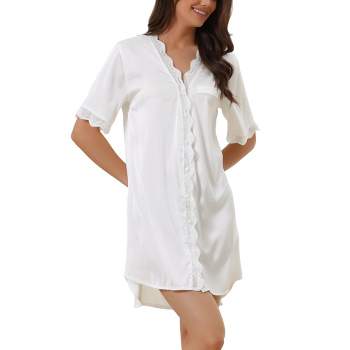 cheibear Womens Satin Pajama Dress Button Down Silky Short Sleeves Nightgowns