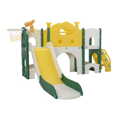 Infurnic Baby Activity Gyms Large Kids Slide with Slide Storage, Basketball for Indoors and Outdoors, Multicolored, 76.18"*65.35"*38"
