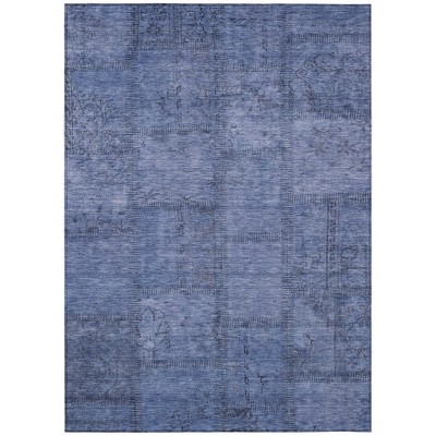 Denim Blue And Sky Blue Patchwork Washable Indoor Outdoor Area Rug