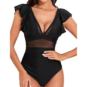 Women's Ruffle Sleeve Swimsuit Summer V Neck Patchwork 1 Piece Swimwear - 1 of 4