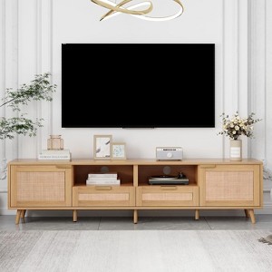 Modern TV Stand Rattan Home Storage Entertainment Center with Open Storage Shelf TV Cabinet for Up to 85 Inch TV Gaming Room Living Room - 1 of 4