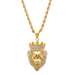 Steeltime 30" Men's 18k gold plated stainless steel simulated diamond lion with crown pendant - 1 of 4