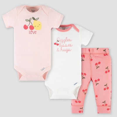 Gerber Baby 3pc Cherries Top and Bottom Set - White/Pink 0-3M