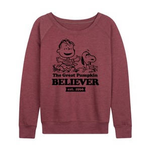 Women's - Peanuts - The Great Pumpkin Believer Lightweight French Terry Wide Neck Long Sleeve Shirt - 1 of 4