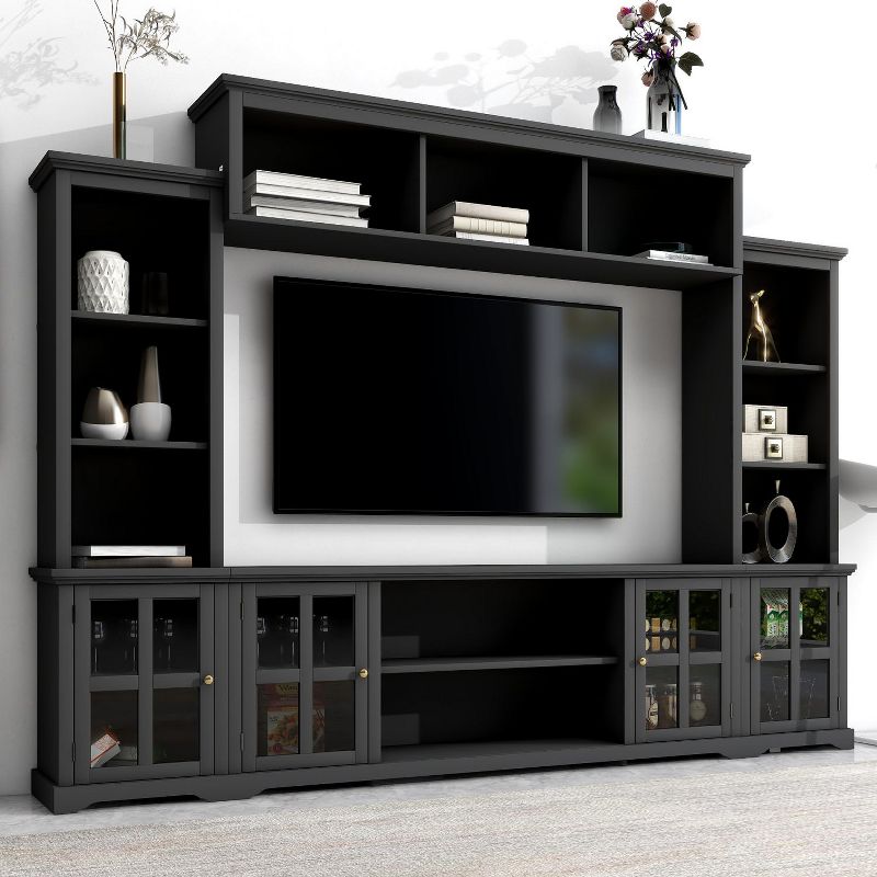 Clay 51.90" TV Stands with 4 Tempered Glass Doors Adjustable Panels Open Style Cabinet And Veneer Finish For TVs Up to 60"-Maison Boucle, 2 of 11