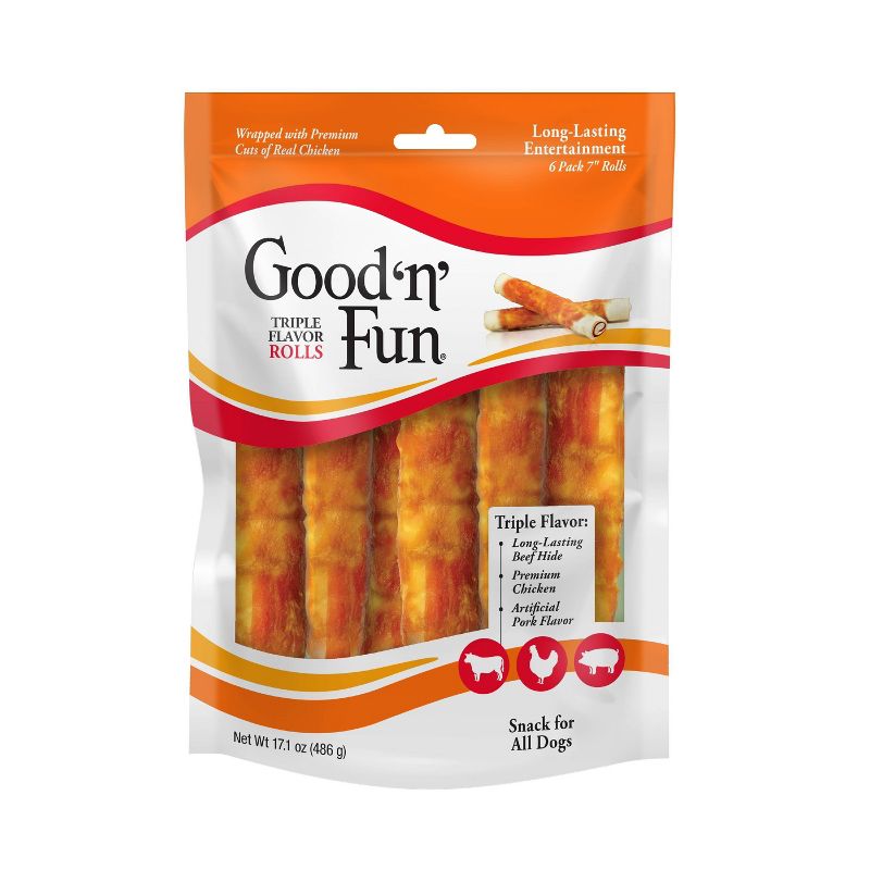 Good &#39;n&#39; Fun Triple Flavor Rolls Rawhide with Pork, Beef and Chicken Flavor Dog Treats Value Bag - 17.1oz, 1 of 7