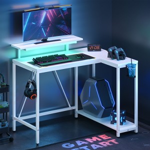 Pinmoco 42" Reversible L-Shaped Gaming Desk, LED Carbon Fiber Desk with Monitor Stand & Headset Hooks, Carbon Fiber White - 1 of 4