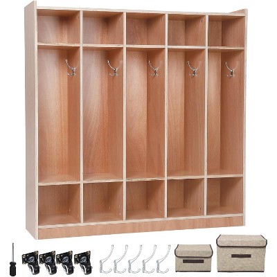 5-Section Classroom Coat Locker with Anti-tip Kit, 10 Cubbies Daycare Cubbies with 4 Casters, 5 Hooks and 2 Storage Boxes