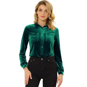 INSPIRE CHIC Women's Pocket Front Velvet Long Sleeve Casual Button Down Shirt - 1 of 4