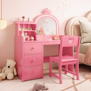Vanity Desk with Mirror and Lights for Little Girls, Makeup Vanity Set with Drawers & Open Storage Shelves, Wooden Princess Dressing Table for Bedroom - 1 of 4