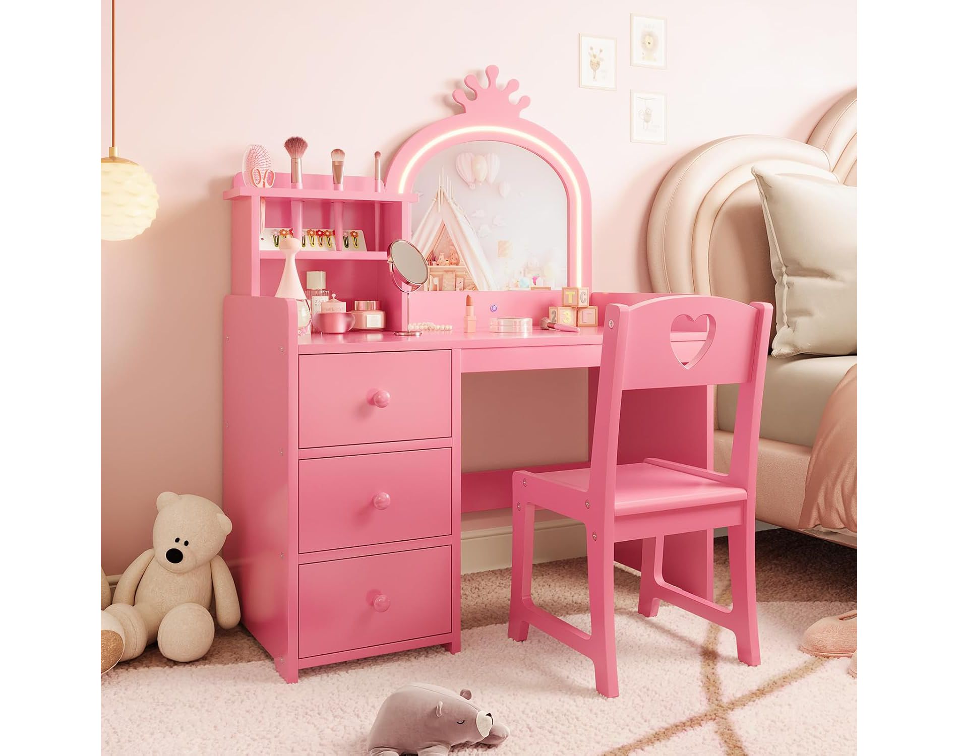 Vanity Desk with Mirror and Lights for Little Girls, Makeup Vanity Set with Drawers & Open Storage Shelves, Princess Dressing Table, Pink