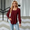 Water-Soluble Hollow Jacquard Pleated Square Neck Long Sleeve Tailcoat Solid Color T-Shirt Top - 2 of 4
