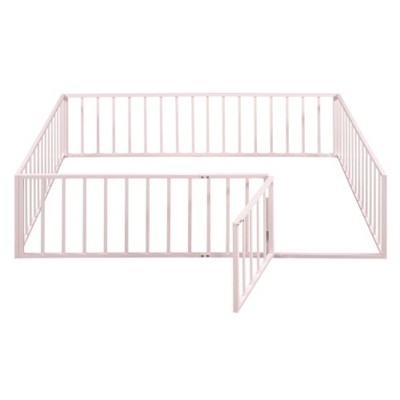 Queen-Size Metal Bed Frame with Enclosing Fence and Door Design