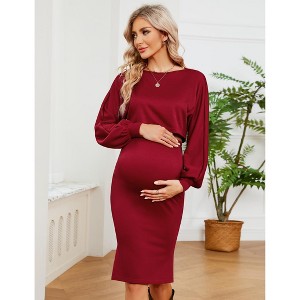 Maternity 2 Piece Outfits Dress Puff Long Sleeve Ribbed Knit Top Bodycon Midi Skirt Sets Baby Shower Photoshoot - 1 of 4