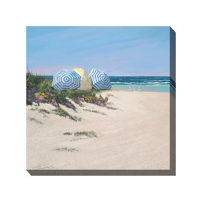 Cottage Garden West of The Wind Beach Umbrellas Blue, Yellow, Tan 24 x 24 Inch Waterproof Gallery Wrapped Canvas, Outdoor Garden, Yard, Patio All