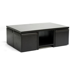 Baxton Studio Prescott Modern Table and Stool Set with Hidden Storage Dark Brown: Square Coffee Table, Criss Cross Base, Wood Frame - 1 of 3