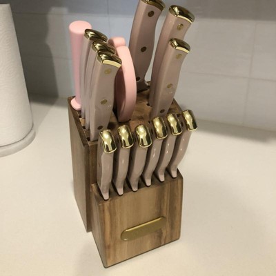 Farberware Triple Riveted Acacia Knife Block Set 15-piece in Blush and Gold