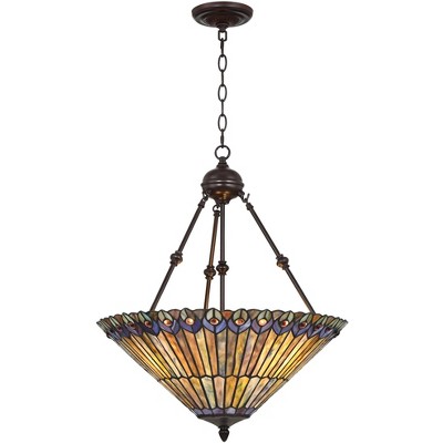 Elegant Peacock Feather 24.5" Bronze & Glass Pendant Light