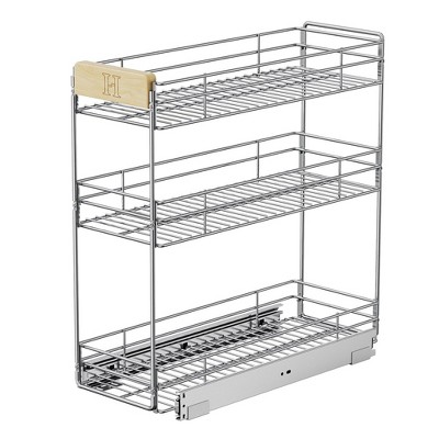 LOVMOR Pull Out Spice Rack with Wooden Handle for Narrow Cabinet (8?" W X 21" D),3 Tier Slide Out Cabinet Organizer
