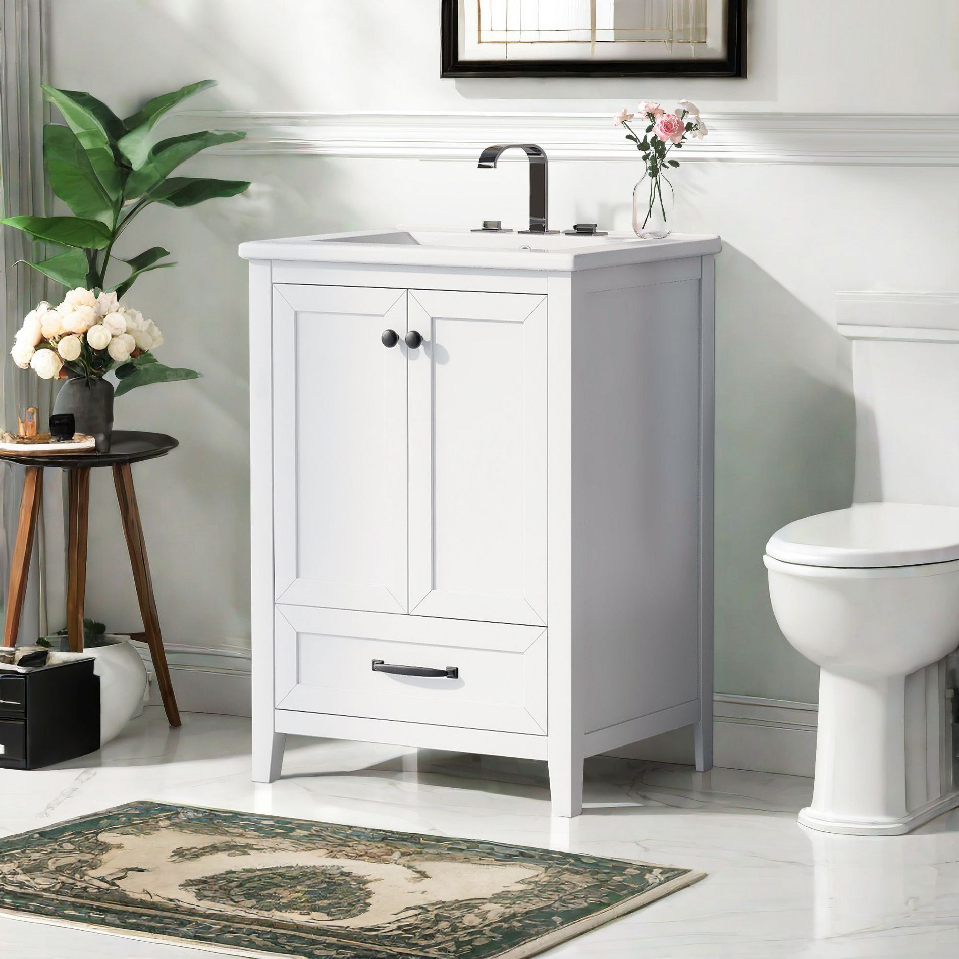 NicBex 24" Bathroom Storage Cabinet with Sink, Morden Bathroom Vanity, 1 Drawer, 1 Cabinet with Shelves on The Door for Bathroom, White